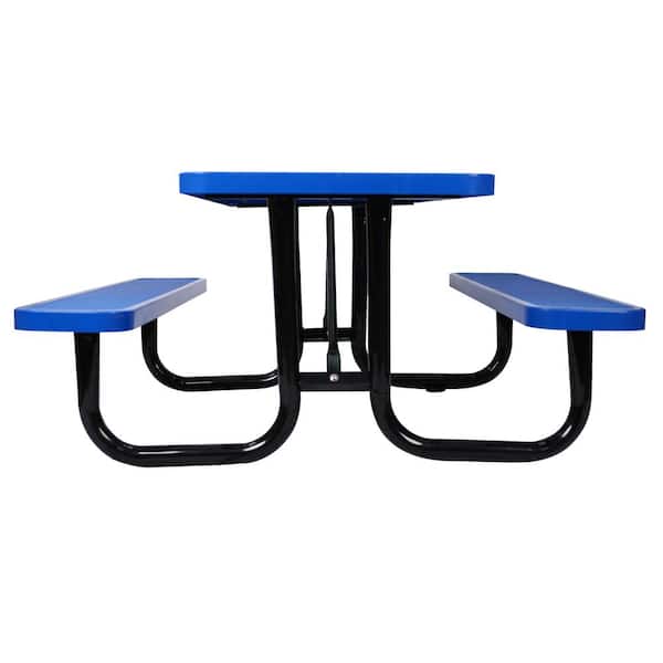 Zeus & Ruta 72.5 in. Metal 6-Person Blue Rectangular Outdoor Picnic Table with Umbrella Pole for Patio, Backyard and Garden