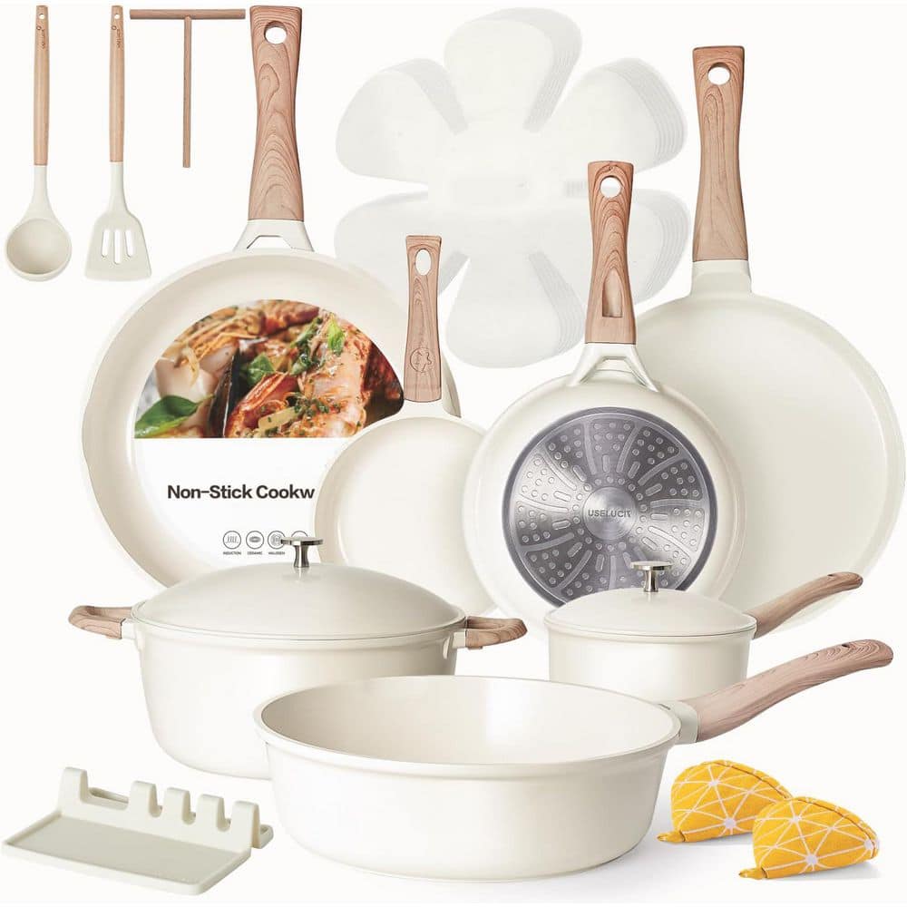 LAIFUCAM 21-Piece White Ti-Ceramic Nonstick Cookware Set with
