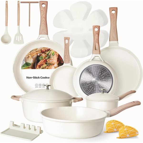 21-Piece White Ti-Ceramic Nonstick Cookware Set with Aluminum Lids, Induction Compatible Pots and Pans Set