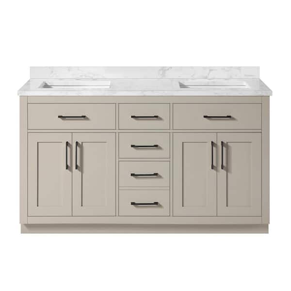 Athea 60 in. Double Sink Greige Bath Vanity with White Engineered Marble Top and Integrated Power Outlet (Assembled)