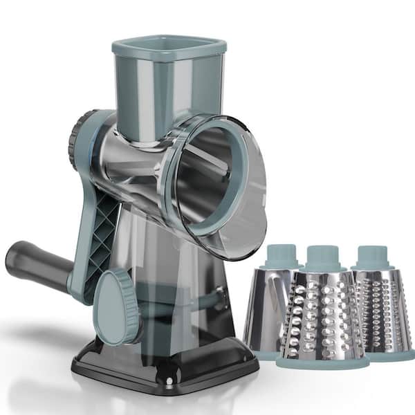 Stainless Steel Rotary Cheese Grater with 3 Interchangeable Blades, Non-slip Suction Base, Clear Container