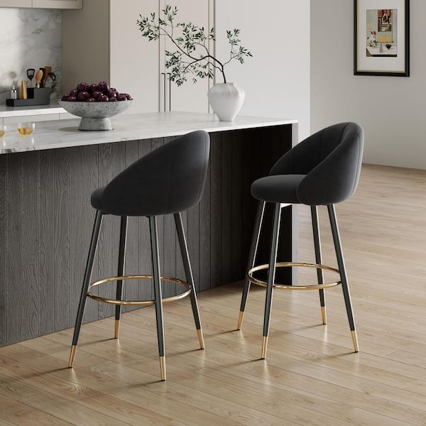 CHRISTOPHER KNIGHT HOME Berg 40.5 in. H Black Velvet Modern Upholstered Bar Stools, Metal Frame, Set of 2