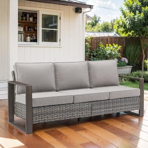 Gray Wicker Outdoor Patio 3-Seat Sofa Couch with Gray Cushions