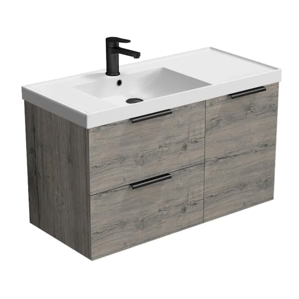 Nameeks Lisbon 36.2 in. W x 18.5 in. D x 21.65 in. H Modern Bathroom Vanity in Grey Oak With White Ceramic Top