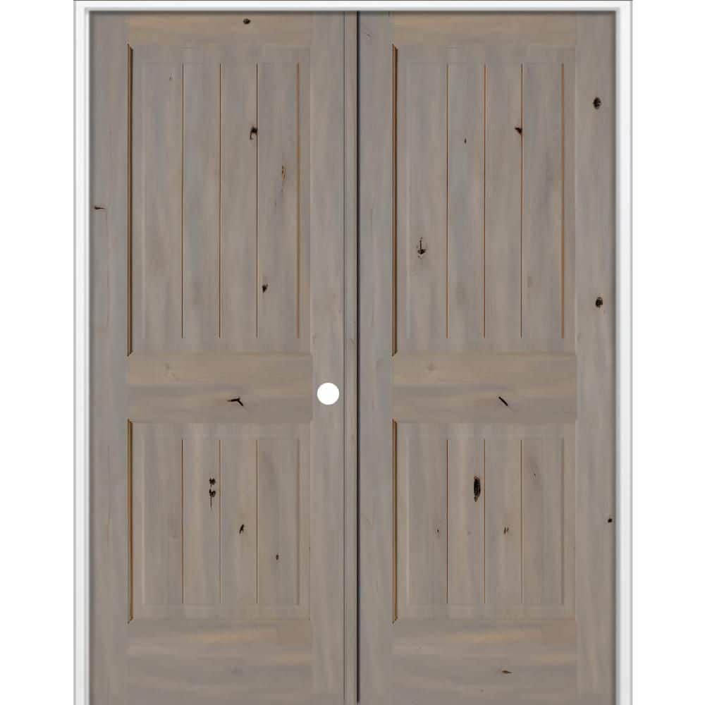 64 in. x 80 in. Knotty Alder 2-Panel V-G Solid Wood Left-Active BEHR Weathered Gray Stain Double Prehung Interior Door price history on PriceWatchPro