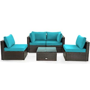 5-Piece Wicker Patio Conversation Set with Glass Table and Turquoise Cushions
