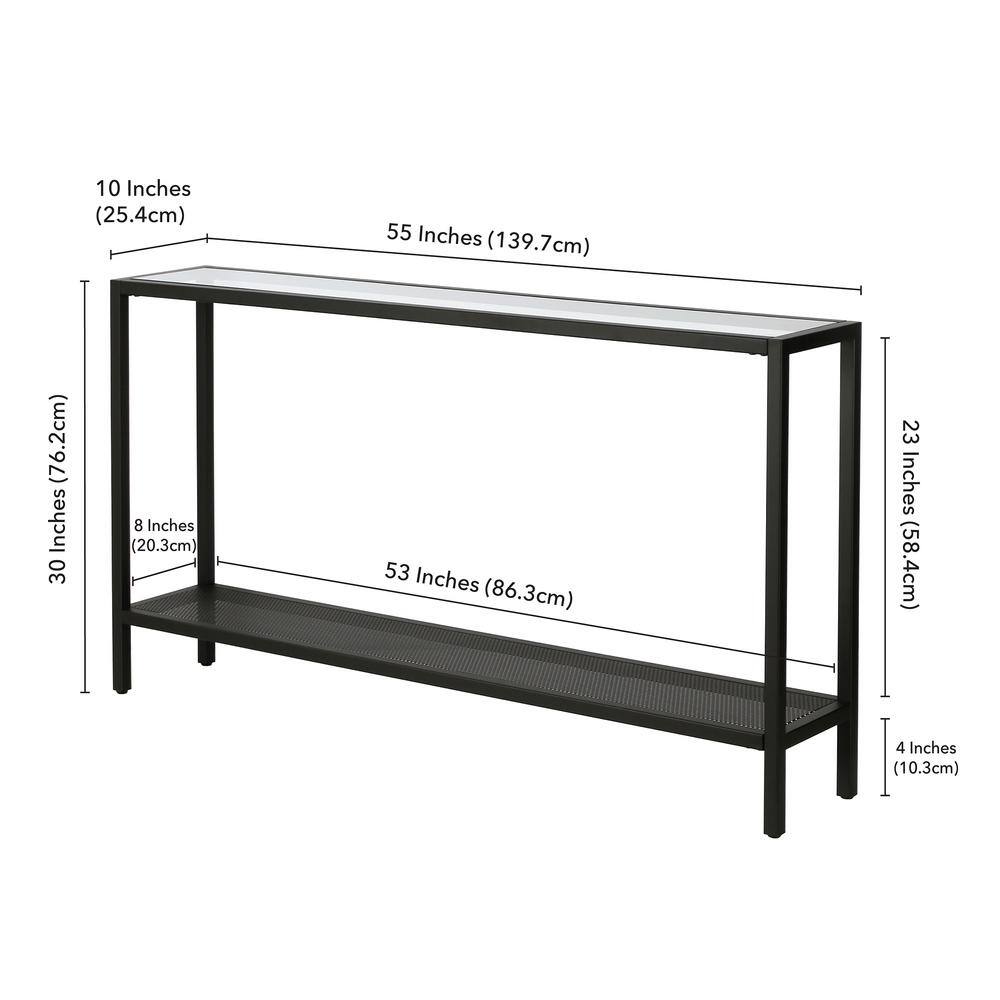 Rigan 55" Blackened Bronze Metal Console Table with Glass Shelves