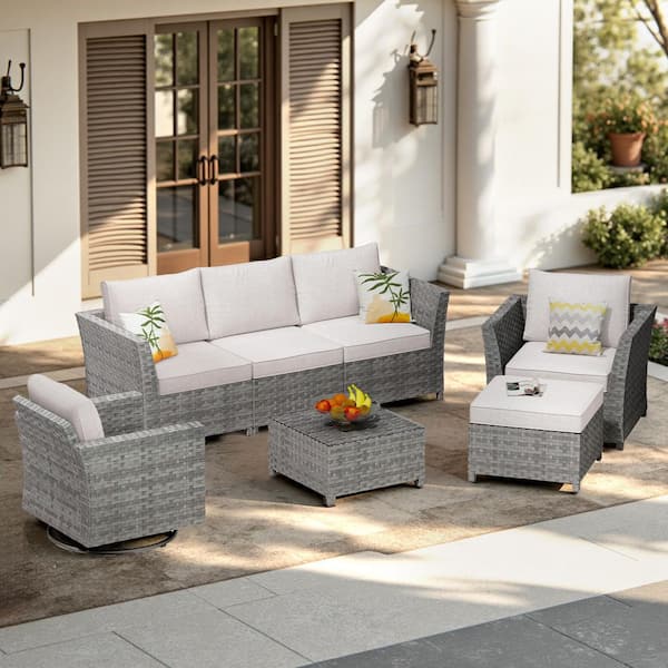 OVIOS Bexley Gray 7-Piece Wicker Patio Conversation Seating Set with Fine-Stripe Beige Cushions and Swivel Chairs