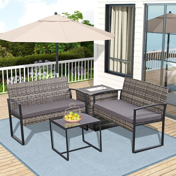 Unique 4-Piece Mixed Gray Wicker Patio Conversation Set Outdoor Bistro Set with Gray Cushions, Loveseat, Storage Box