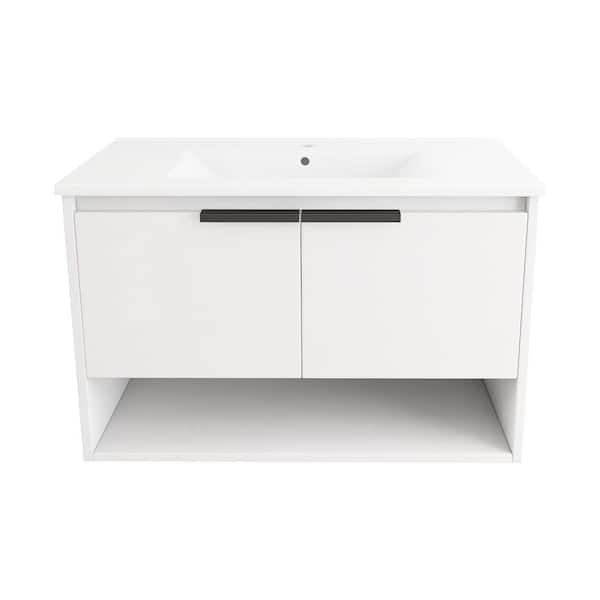 VANITYFUS 32 in. W x 18.3 in. D x 20.28 in. D in. H Wall Mounted Bath Vanity in White Straight Grain with White Ceramic Top