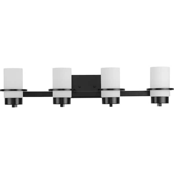 Progress Lighting Reiss 31.62 in. 4-Light Matte Black Vanity Light with Etched Glass Shade