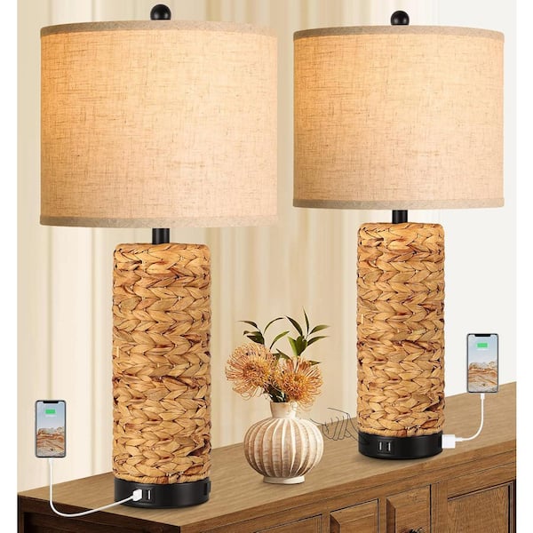 Jushua 2Pcs 25.5 in. H Modern Farmhouse Nightstand Lamps, Task & Reading Coastal Seagrass Bedside Lamps with USB Ports, Brown