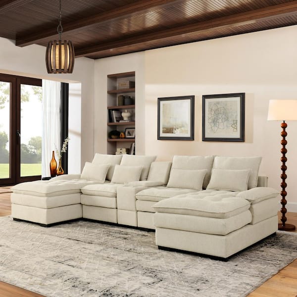 Martina 130 in. Fabric U-Shaped Sectional Sofa in Beige with Console, Cup Holders