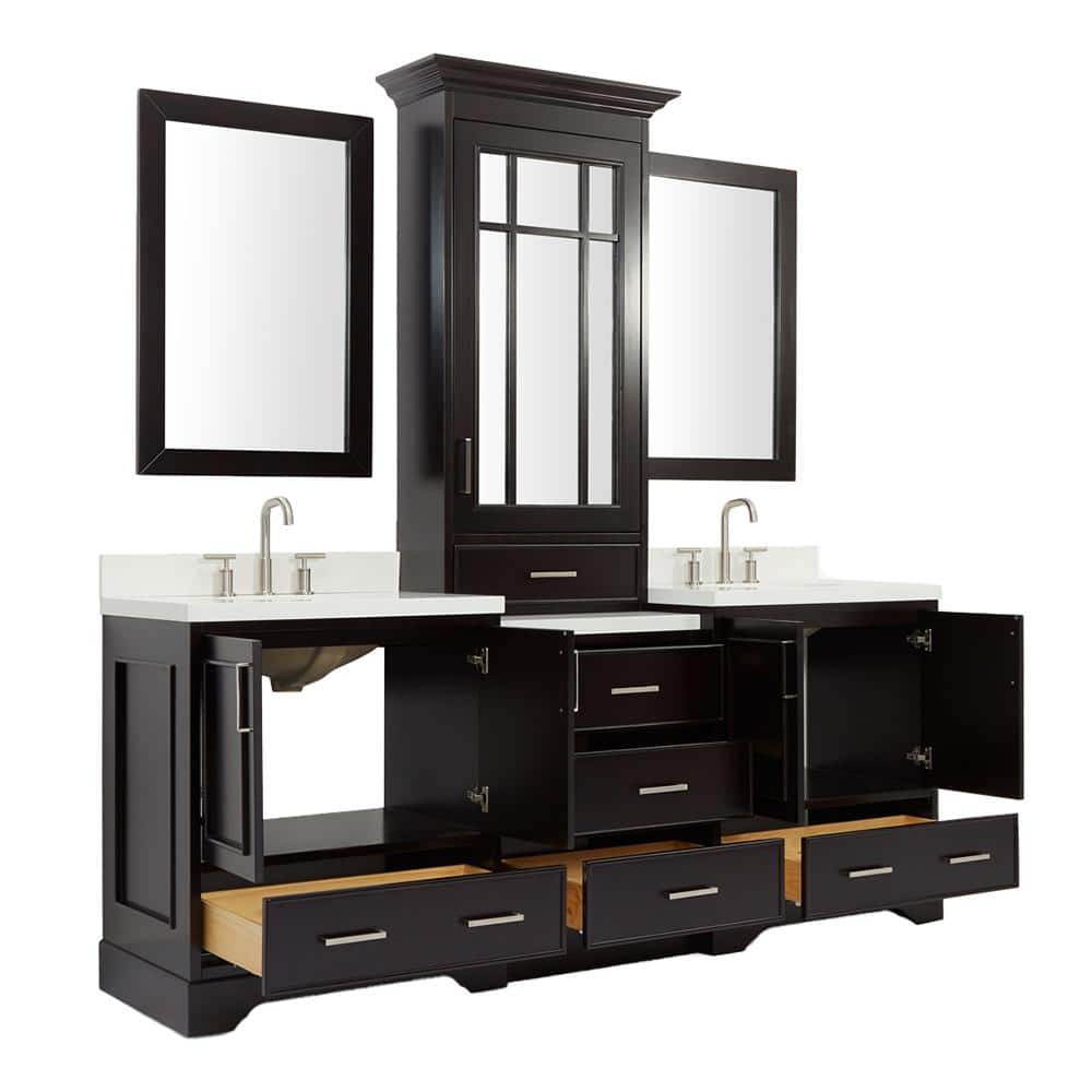 Espresso Double Sink Vanity Set with White Quartz Top and Mirrors