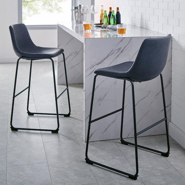 Walker Edison Furniture Company 29-3/8 in. Navy Blue Faux Leather Bar Stools (Set of 2)