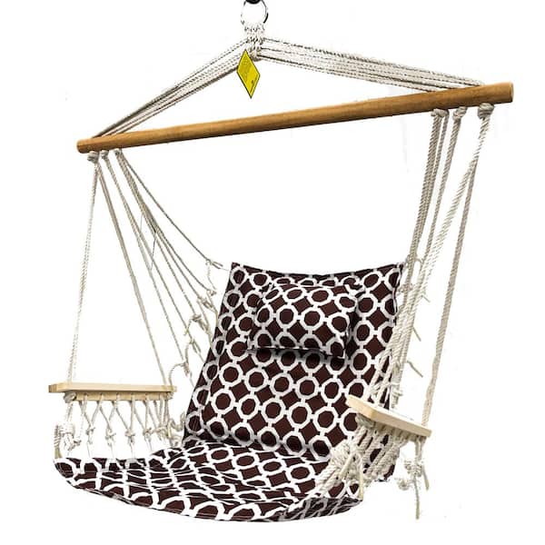 BACKYARD EXPRESSIONS PATIO · HOME · GARDEN 2.5 ft. Hammock Chair with Wooden Armrests in Brown with White Rings