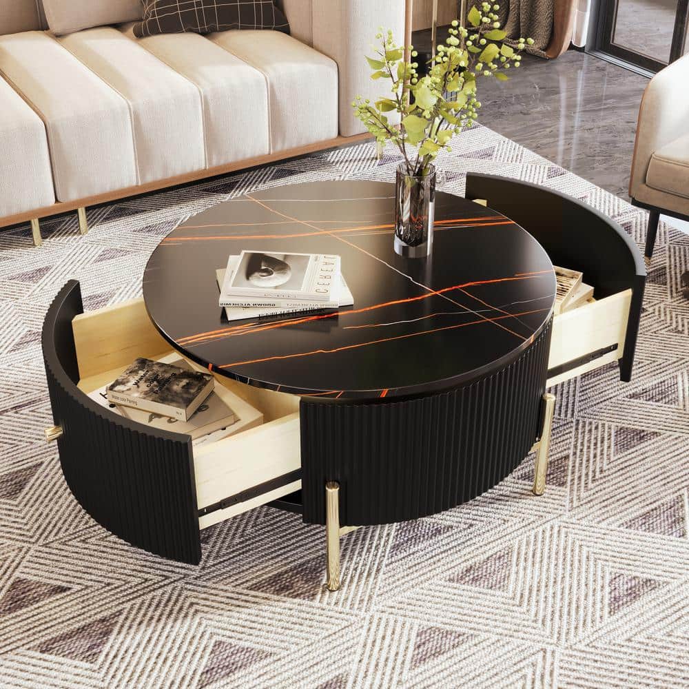 Harper & Bright Designs 31.5 in. Black Round Exquisite Marble Pattern MDF  Coffee Table with 2 Large Drawers HZC012AAB - The Home Depot