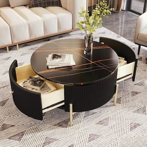 31.5 in. Black Round Exquisite Marble Pattern MDF Coffee Table with 2 Large Drawers