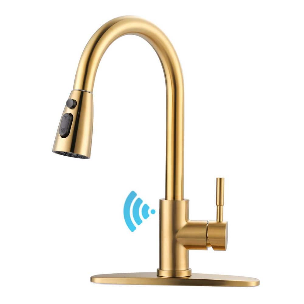Touchless Single Handle Pull Down Sprayer Kitchen Faucet with Deck Plate in Brushed Gold
