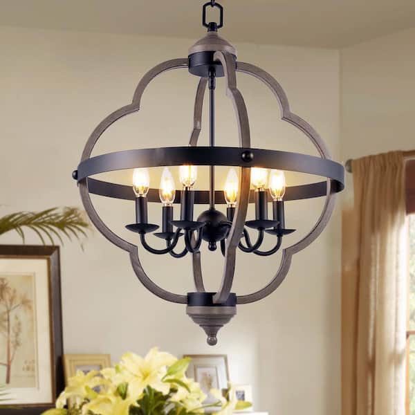 6-Light Matte Black and Anchor Grey Oak Candle Style Empire Chandelier with Rope Accents
