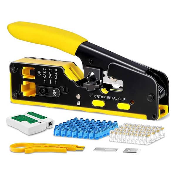 Pass Through RJ45 Crimp Tool Kit with Network Cable Tester, 50-Pack Cat6 RJ45 Pass Through Connector