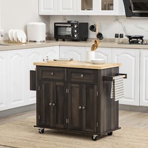 Brown Oak Wood 43.75 in. Kitchen Island on Wheels, Rolling Kitchen Cart with Drawers and Adjustable Shelve