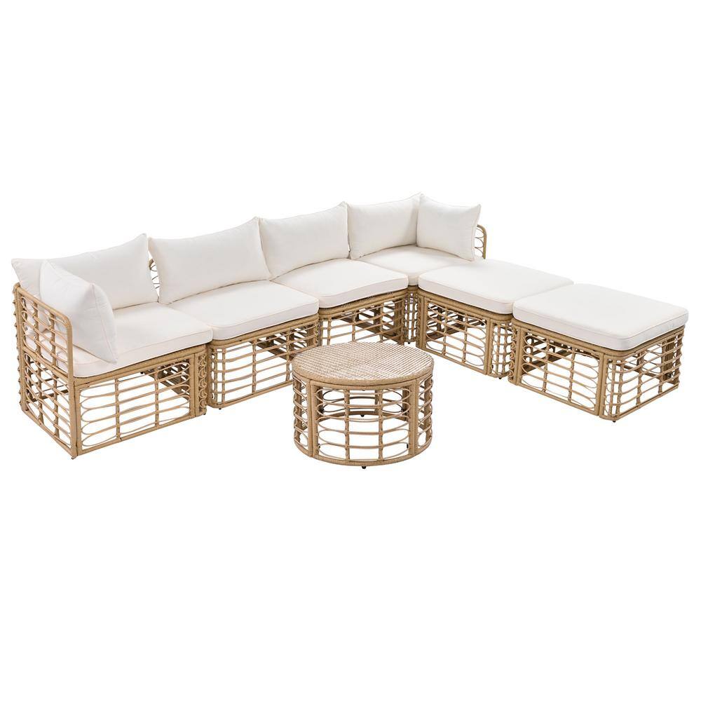 7 Pieces Freely Combined All Weather Rattan Wicker Outdoor Sectional Sofa Set with Thick Beige Cushions and Pillows 2024233ABC The Home Depot