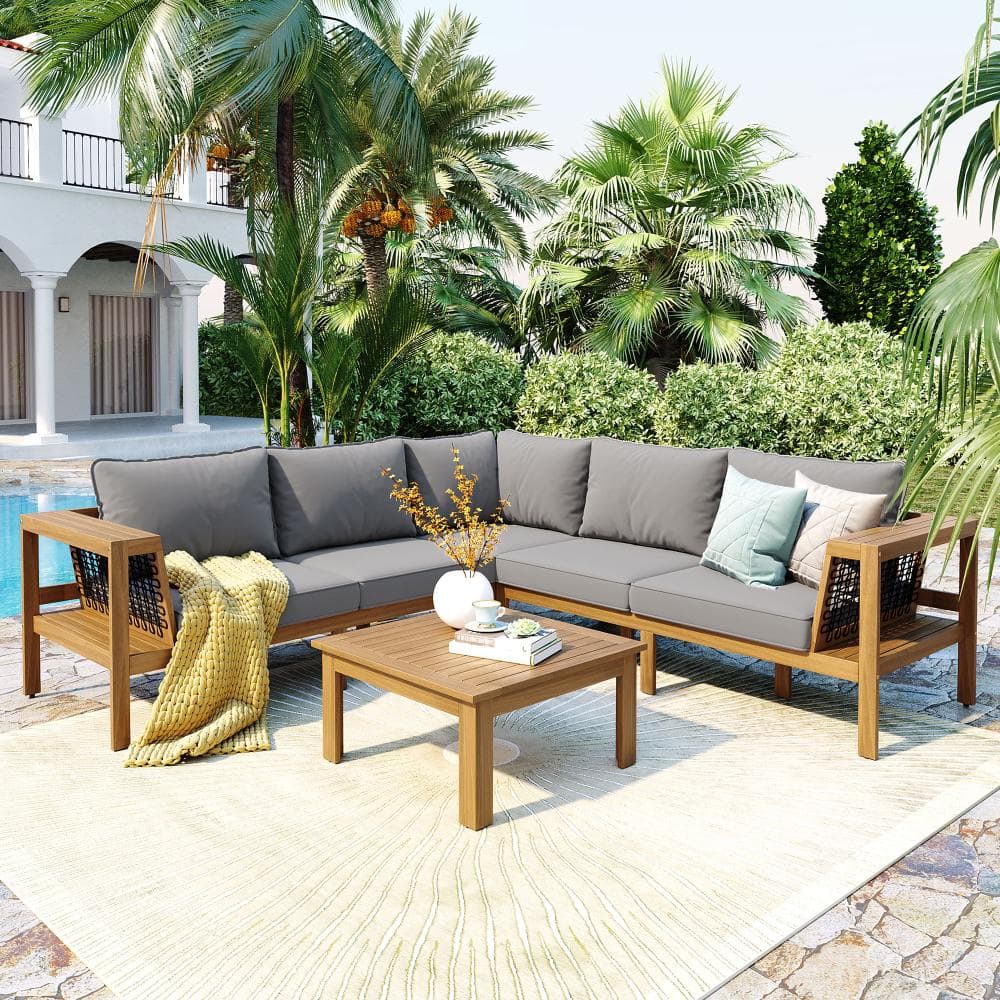 4-Piece Acacia Wood Outdoor Sectional Set with Gray Cushions