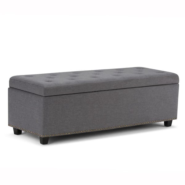 Simpli Home Hamilton 48 in. Wide Transitional Rectangle Storage Ottoman in Slate Grey Linen Look Fabric