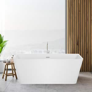 67 in. Acrylic Flatbottom Not Whirlpool Freestanding Bathtub - Deep Soaking Tub in White