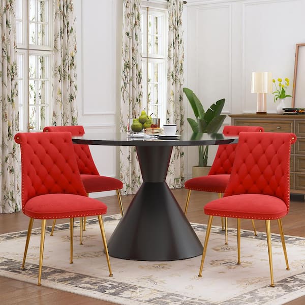 Boyel Living 5-Piece Round White MDF Top Table Set Seats 4 (4-Red Dining Chairs)