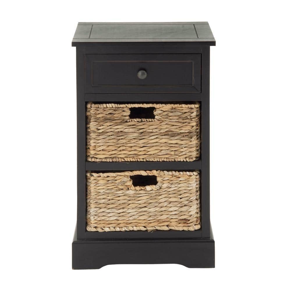 Black Pinewood Accent Table with Wicker Basket Drawers