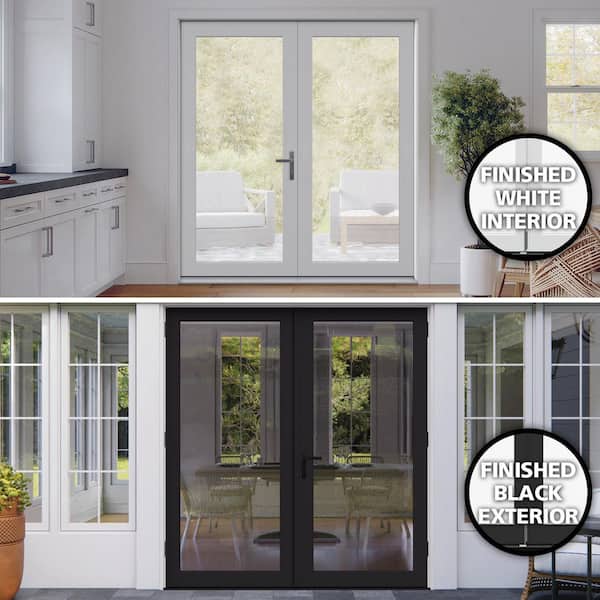 72 in. x 80 in. Left-Hand/Outswing Black/White Fiberglass French Patio Door w/ Sliding Screen and Black Handle
