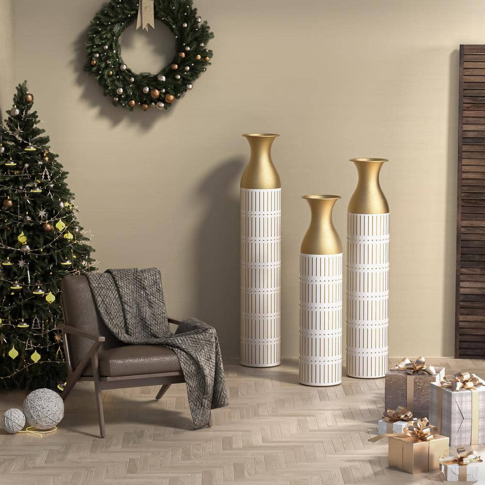 Gorgeous White Floor Large Glazed Metal Vases Decorated Set of 3 for Home D