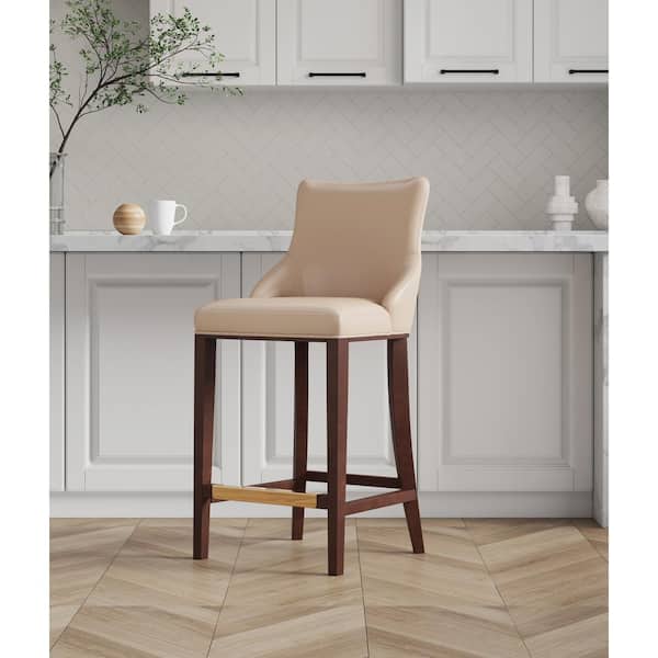 Manhattan Comfort Shubert 29.13 in. Tan Beech Wood Bar Stool with Leatherette Upholstered Seat