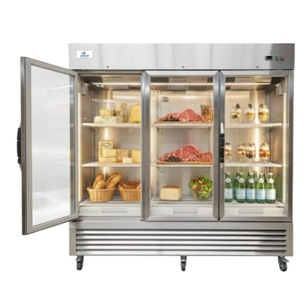 81 in. W 72 cu. ft. Glass 3-Door Commercial Merchandiser Refrigerator in Stainless Steel, 110-Volt