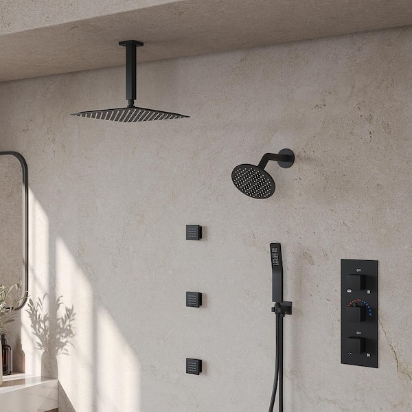 GRANDJOY ZenithRain Shower System 8-Spray 12 and 6 in. Dual Wall Mount Fixed and Handheld Shower Head 2.5 GPM in Matte Black