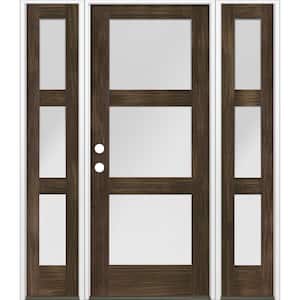 64 in. x 80 in. Modern Douglas Fir 3-Lite Right-Hand/Inswing Frosted Glass Black Stain Wood Prehung Front Door w/ DSL