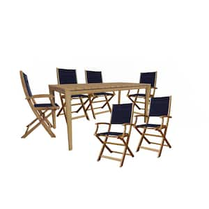 Cateline 7-Piece Teak Rectangular Outdoor Dining Set with Blue Textilene Fabric