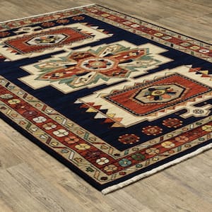 Lillian Blue/Red 6 ft. x 9 ft. Bohemian Oriental Wool/Nylon Blend Fringed-Edge Indoor Area Rug