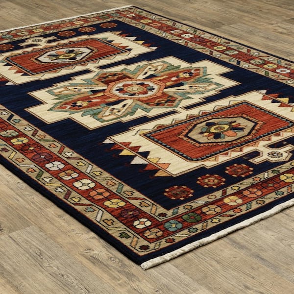 Lillian Blue/Red 10 ft. x 13 ft. Bohemian Oriental Wool/Nylon Blend Fringed-Edge Indoor Area Rug