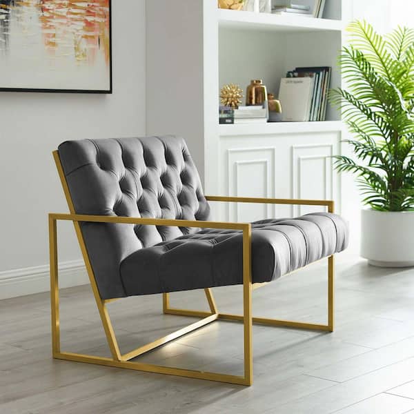 MODWAY Bequest Gray Gold Stainless Steel Upholstered Velvet Accent Chair