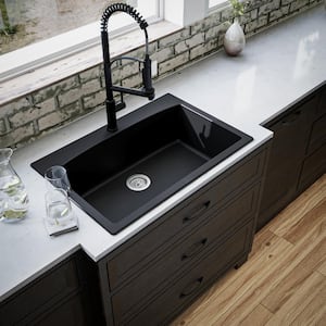 Drop-In Quartz Composite 33 in. 1-Hole Single Bowl Kitchen Sink in Black