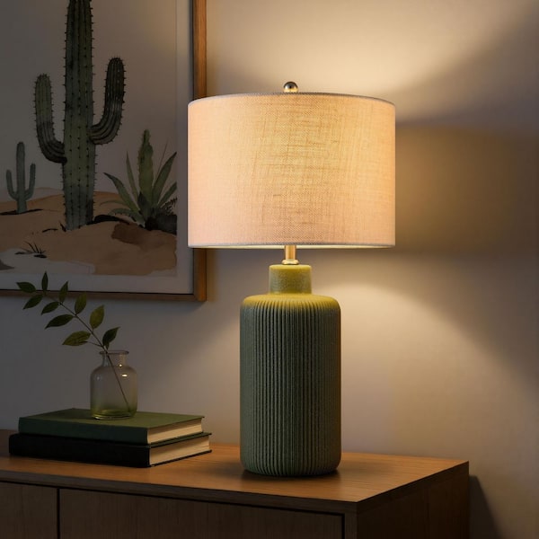 25.25 in. Painted Green Contemporary Ceramic Table Lamp for Living Room with Beige Linen Shade