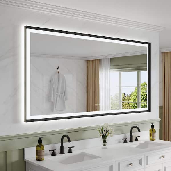 72 in. W x 36 in. H Rectangular Framed Wall LED Bathroom Vanity Mirror in Matte Black, Dimmable, Backlit and Frontlit