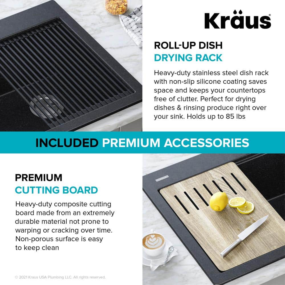 33 in. Metallic Black Granite Composite Single Bowl Kitchen Sink with Accessories