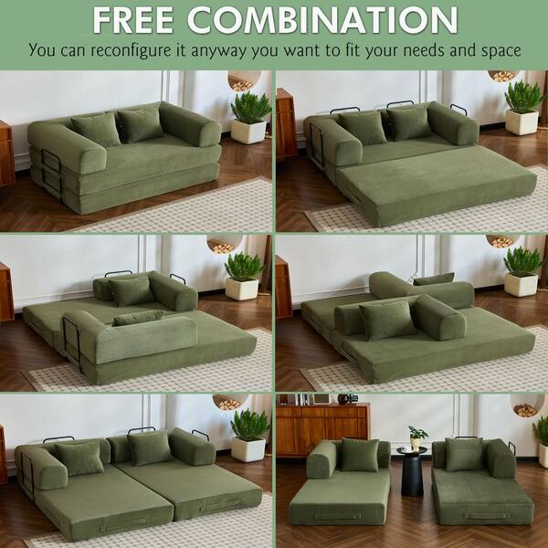 59.05 in. Green Striped Corduroy Twin Size Convertible Sofa Bed
