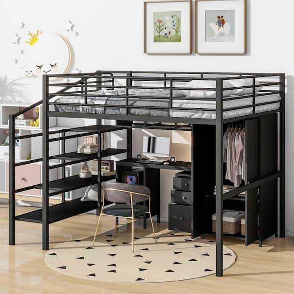 Black Full Size Loft Bed with table set and wardrobe