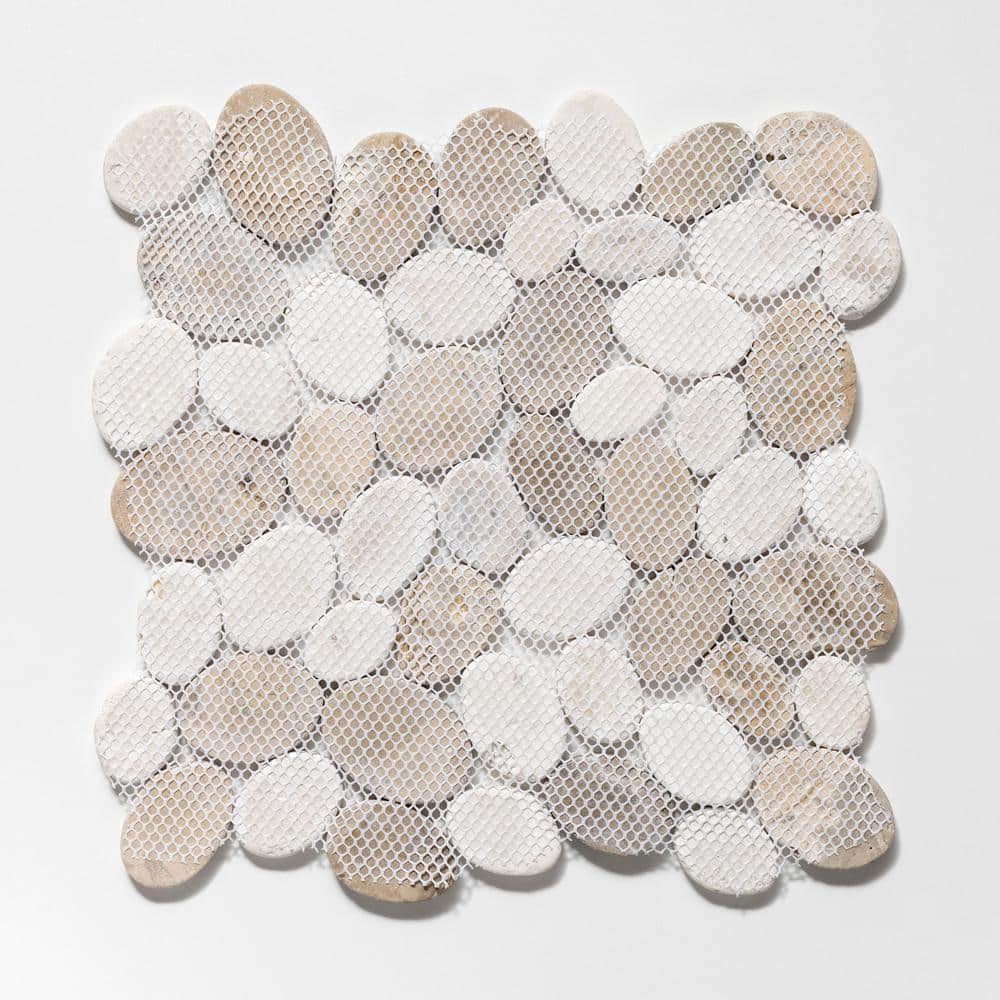 Tan and White Tumbled Marble Pebble Mosaic Tile