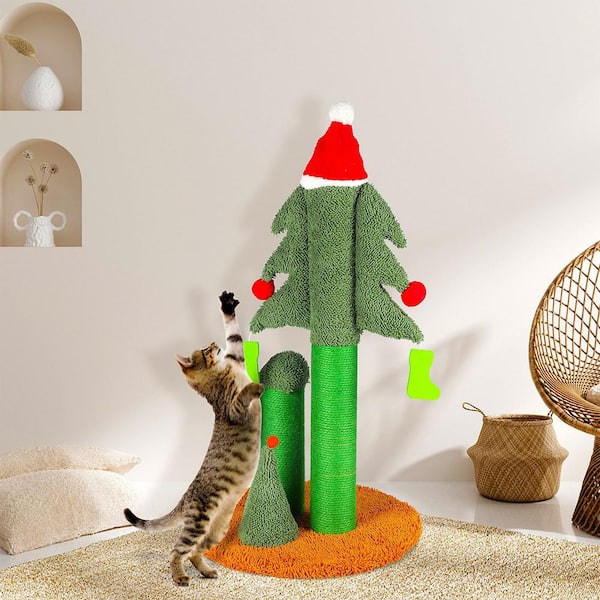 ATENGNES 32 Three Scratcher Posts Natural Sisal Rope and Cute Dangling Teaser Balls Christmas Cat Tree for Kitty and Adult Cats